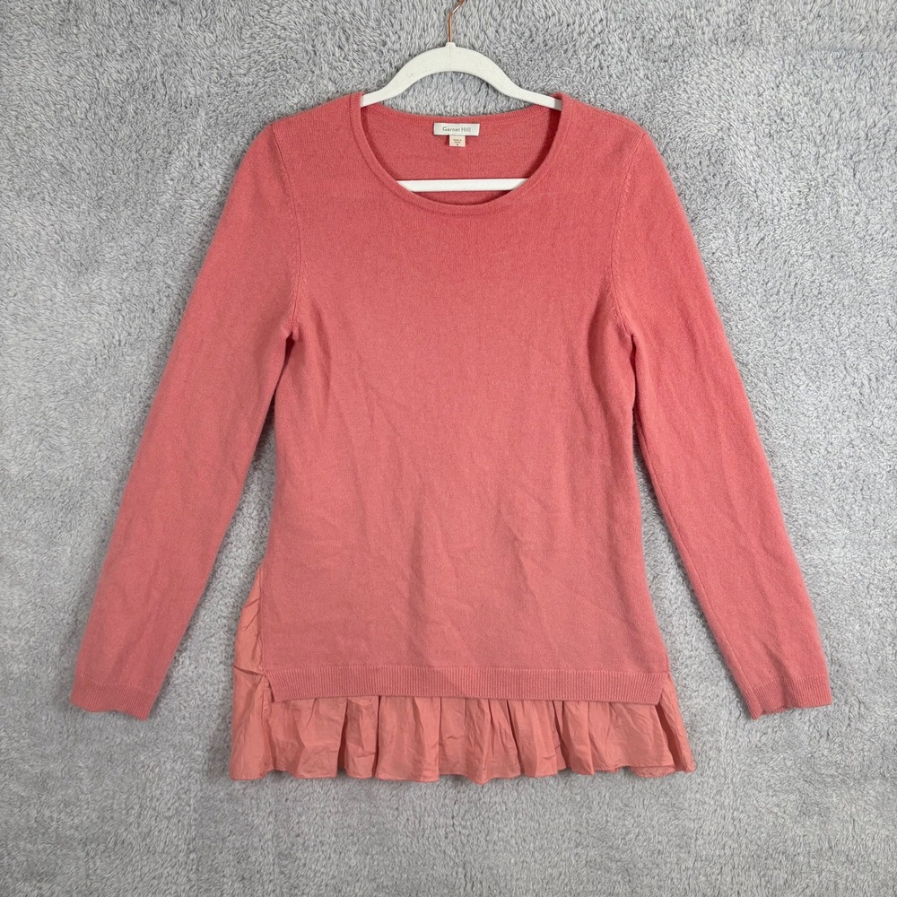 Garnet Hill 100% Cashmere Shirtail Sweater Coral Pink Womens Small Silk Ruffle